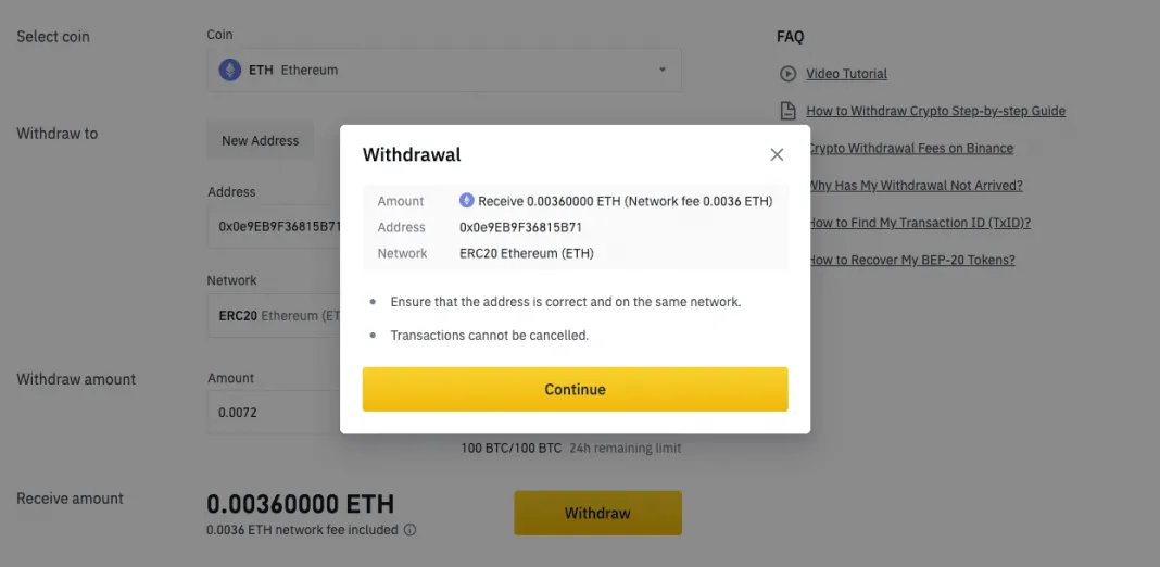 BInance Wallet Withdraw - Confirmation