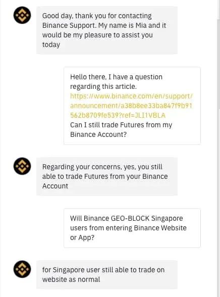 Binance Banned in Singapore - Customer Service chat 1