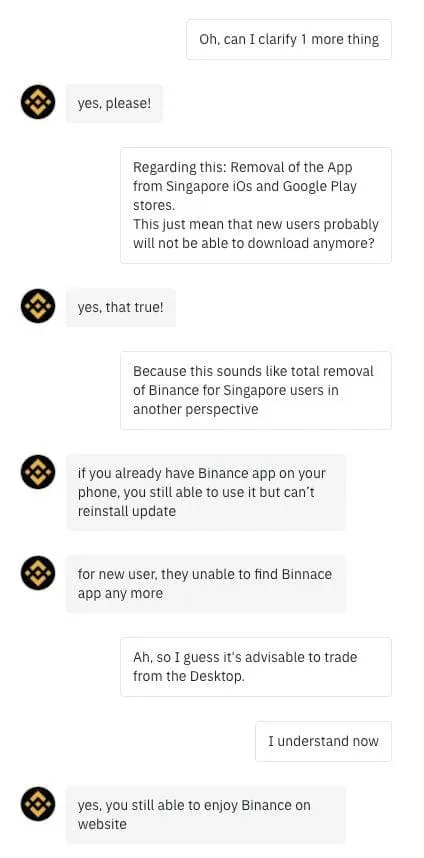 Binance Banned in Singapore - Customer Service chat 2