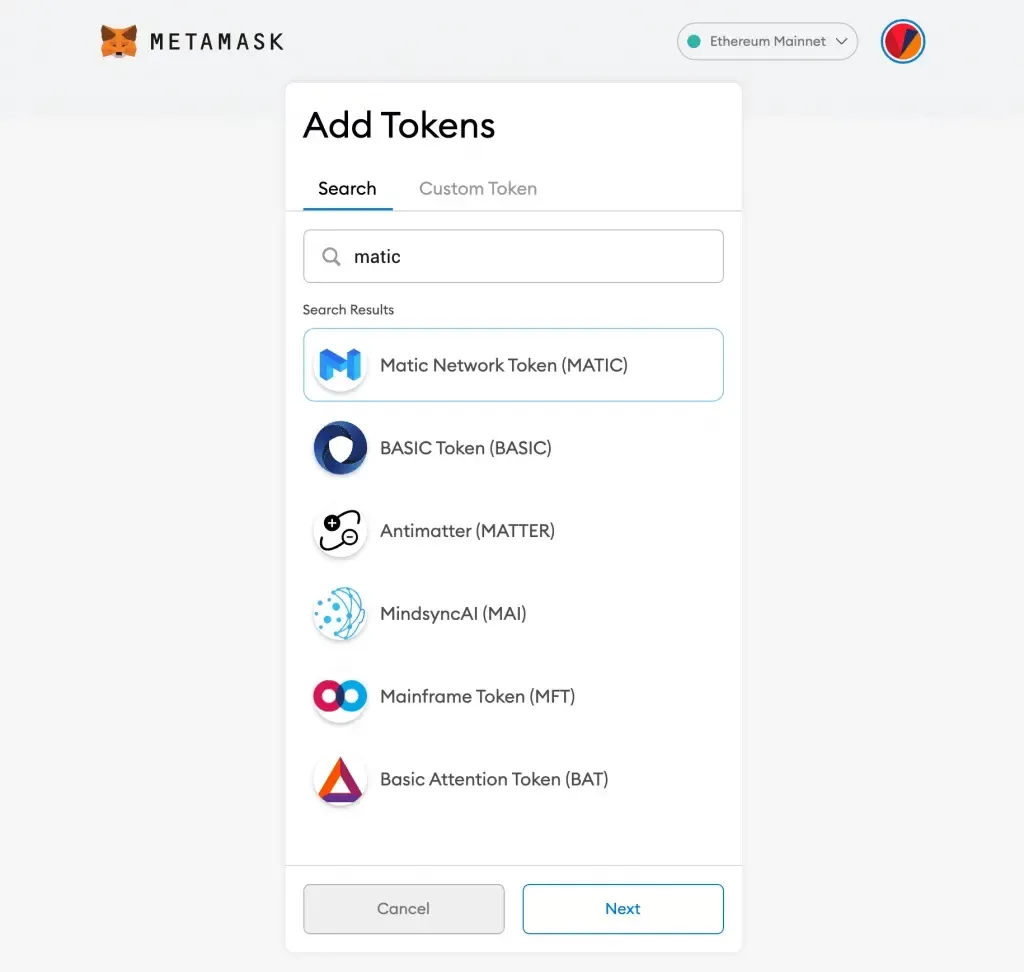 MetaMask Wallet Choosing Token To Add