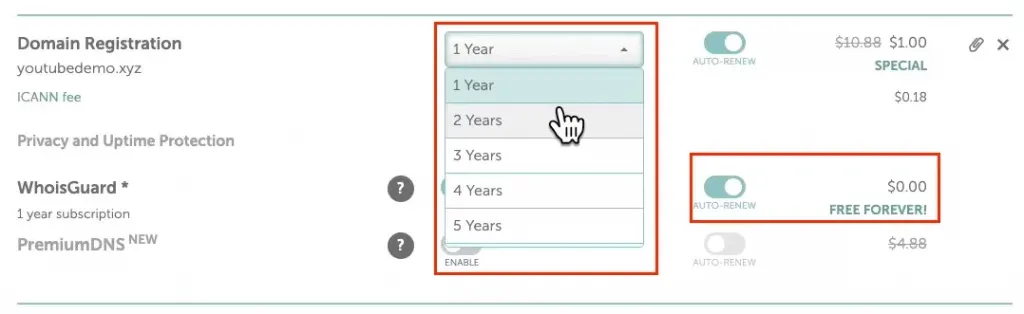 Select the number of years to register on NameCheap
