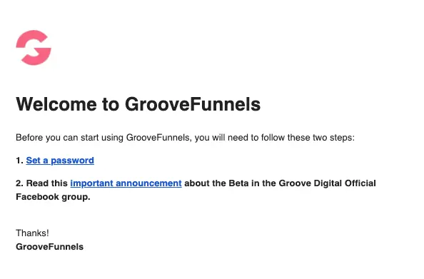 GrooveFunnels - Welcome Email