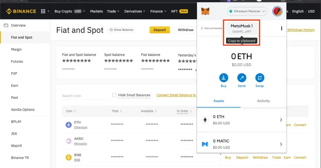 How to Use MetaMask Wallet to send ETH to Binance - Copy Deposit Address from Binance