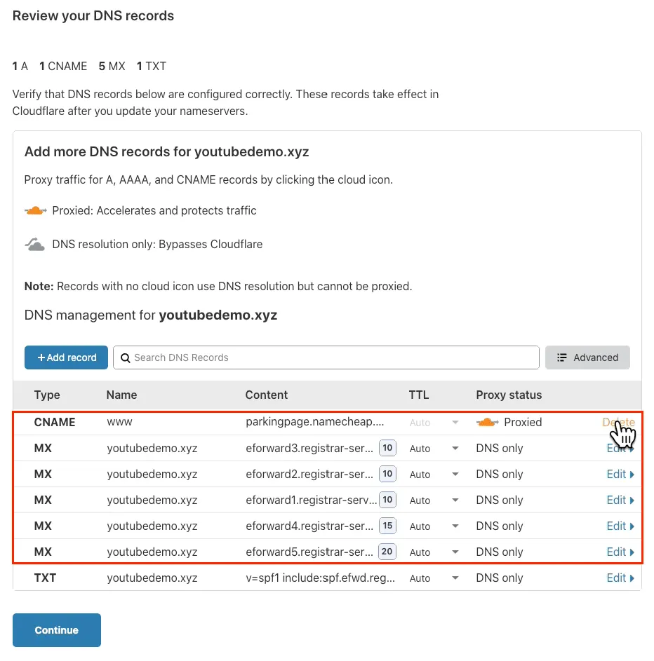 Cloudflare remove all dns