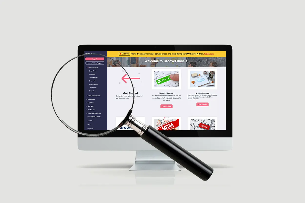GrooveFunnels Dashboard with magnifying glass