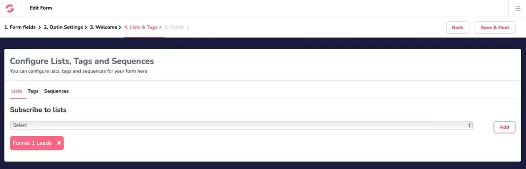 Website funnel Select List tags and sequence in GrooveMail