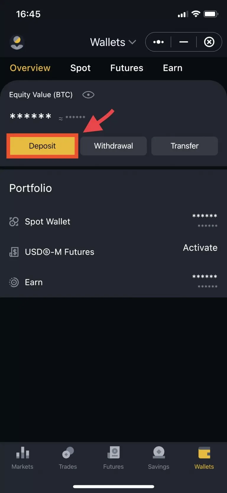 Binance dApp click on deposit