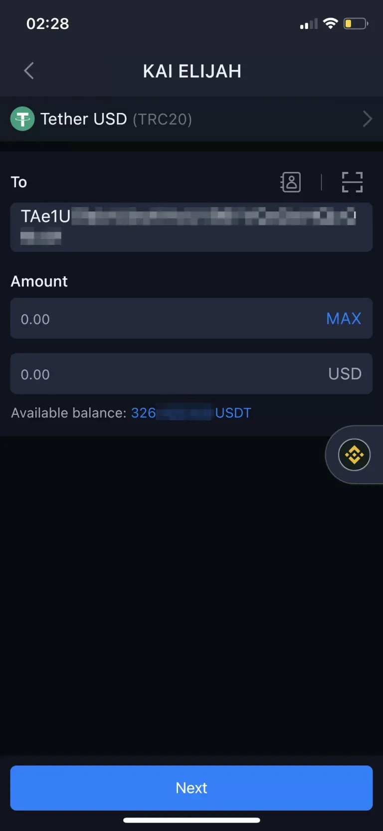 hardware wallet key in amount to send